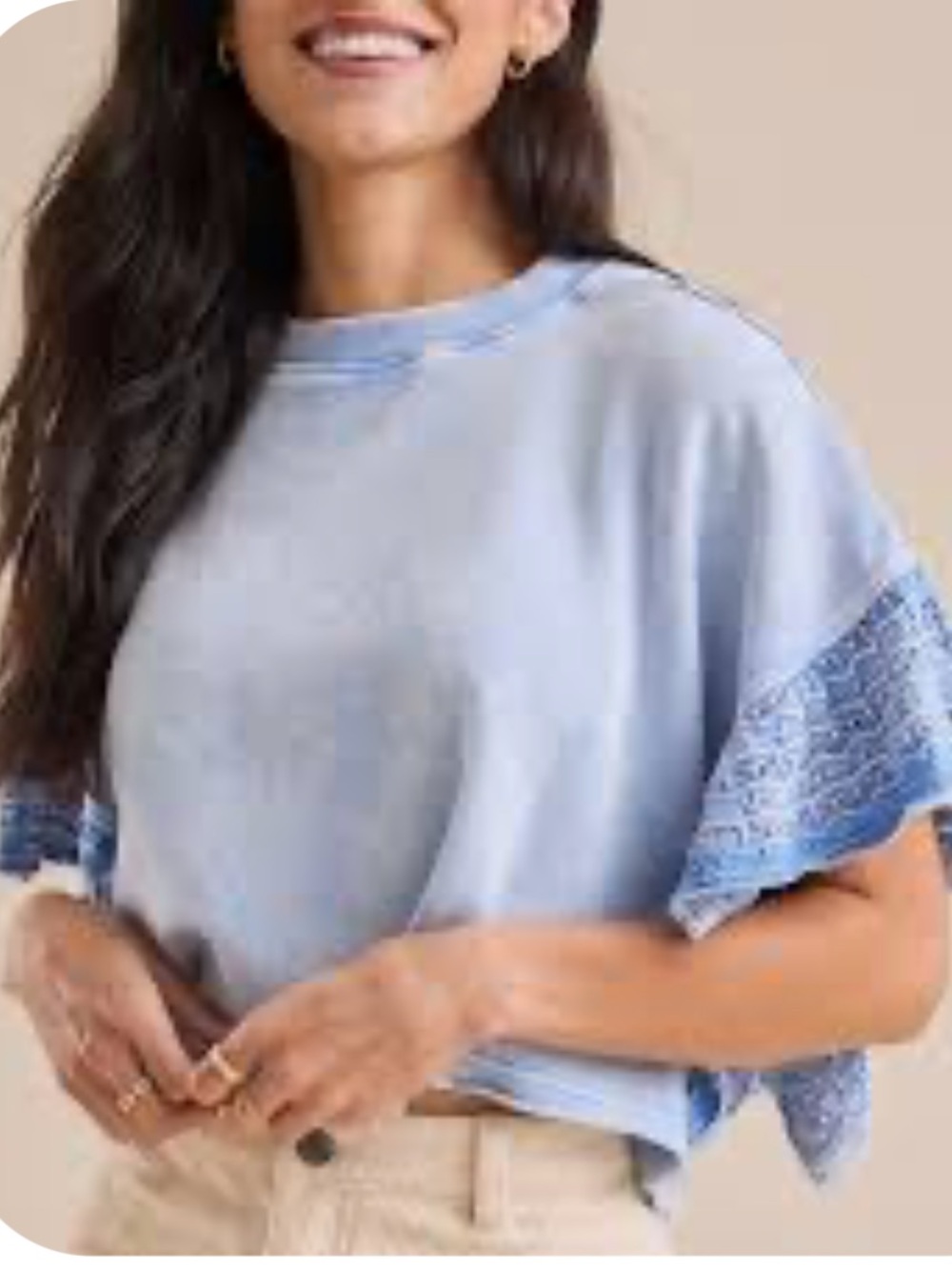 Altar'd State Light Blue Cropped Sweatshirt with Crochet Sleeve Accents LARGE